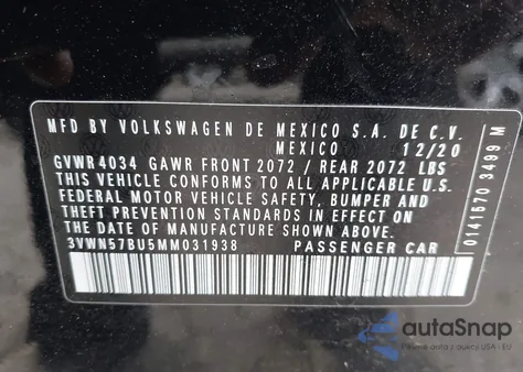 2021 Volkswagen Jetta 1.4T R-Line/1.4T S из США, поврежденный, VIN 3VWN57BU5MM031938